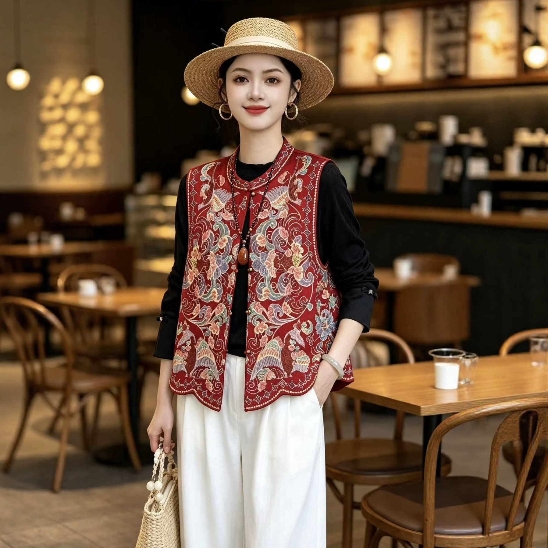 2026 Spring/Autumn New Style New Chinese Style Women's Satin Ethnic Style Heavy Embroidery Vest Retro Shoulder Top
