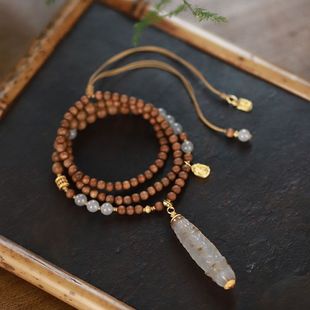 New Chinese-Style Accessories Lao Shan Sandalwood and Hetian Jade Beaded Necklace for Women Xizang-Style White Agate Dragon Pattern Replacement Dzi Bead Pendant