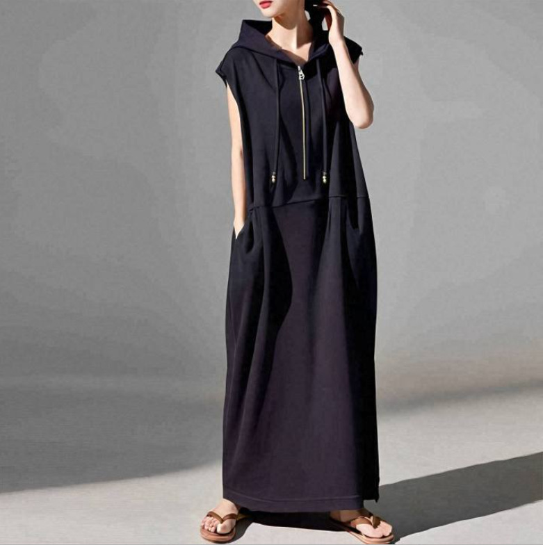 In Stock Japanese Style New Hooded Loose Zipper Dress
