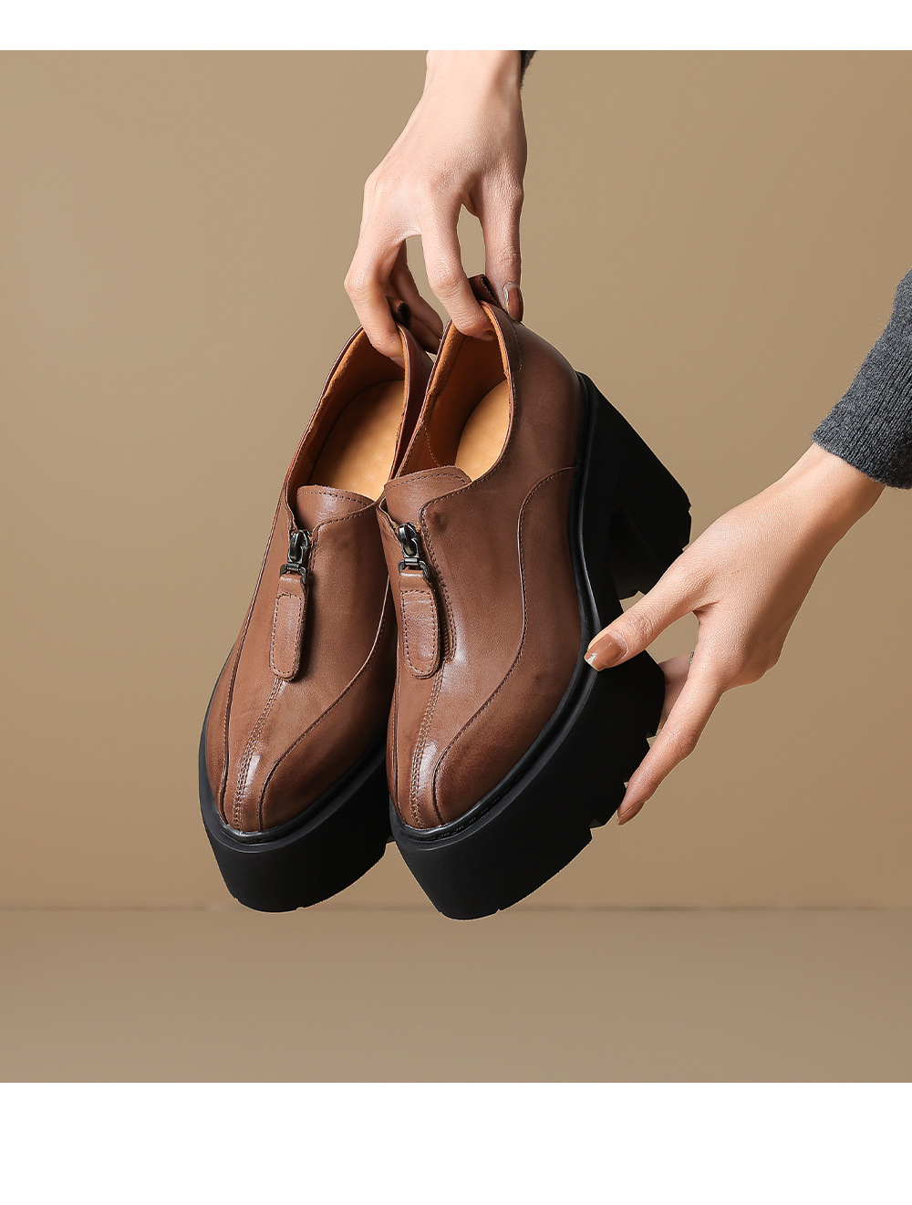 Giày loafer nữ đế xuồng da thật gót vuông phong cách Anh quốc — màu nâu chi tiết 14