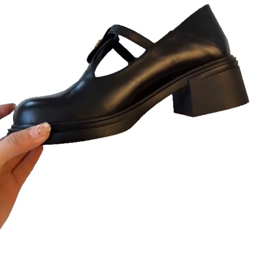 Giày Mary Jane nữ da bò thật gót vuông đế dày, mũi tròn, khóa cài, gót 5 cm — Màu đen (5cm) có sẵn