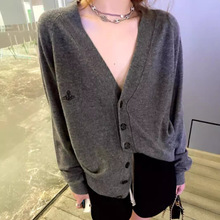 春秋羊毛开衫女中长款V领宽松慵懒风毛衣外套刺绣针织衫百搭大码