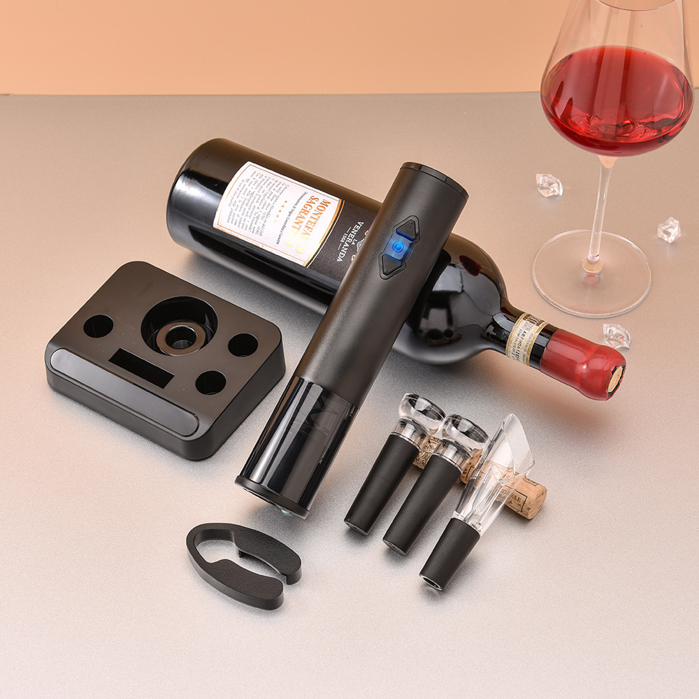 Juego de juego de vino eléctrico transfronterizo, chasis de almacenamiento, abridor de botellas de vino 5 en 1 con base, abridor de botellas de regalo de empresa