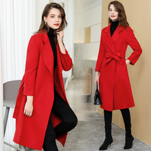 正紅色雙面尼羊絨大衣女2023秋冬新款修身系帶雙面羊絨大衣中長款