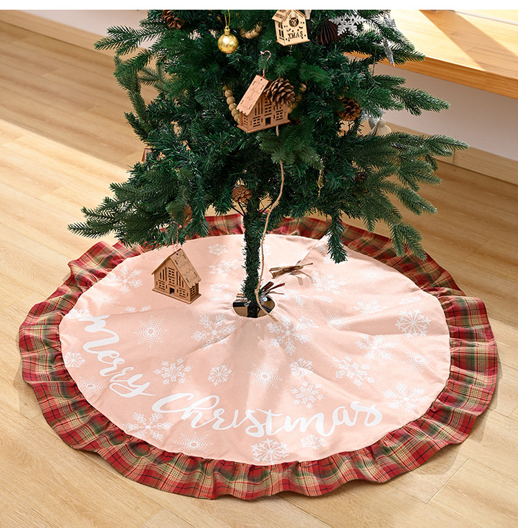 Maison & Jardin Nouvelle jupe d'arbre de Noël décorative en lin à carreaux avec lettres de flocon de neige, tablier de bas d'arbre en lin_voghion.com