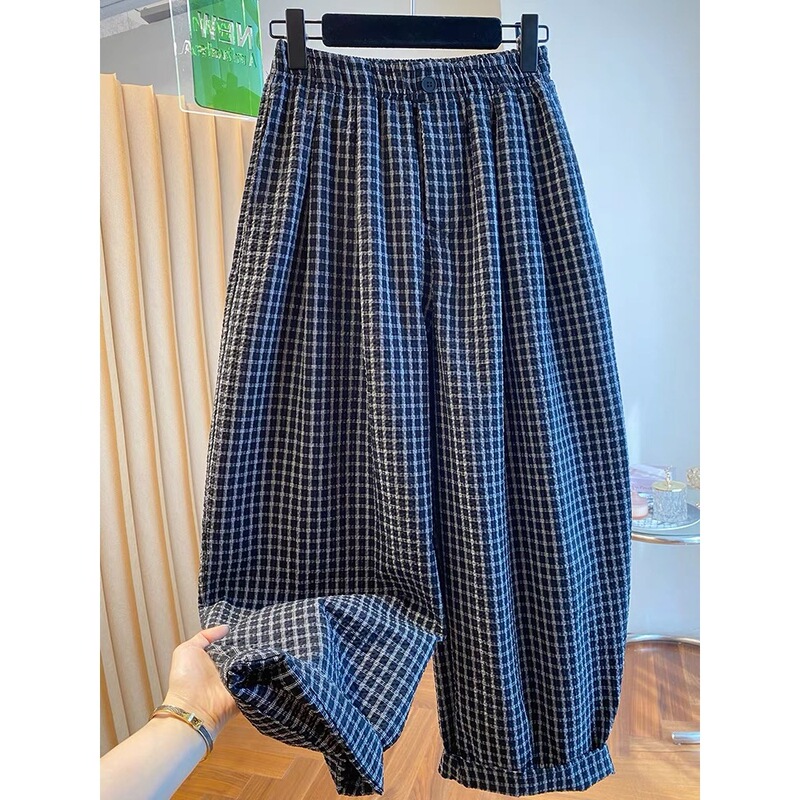 2025 New High-End Plaid Casual Pants for Women Summer Thin Loose Large Size Casual Versatile Wide-Leg Nine-Point Pants
