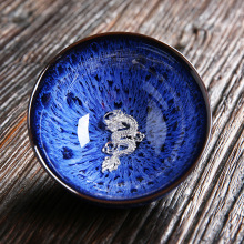 镶银曜变建盏茶杯 宝石蓝拉丝盏主人杯茶盏银单杯功夫茶具品茗杯