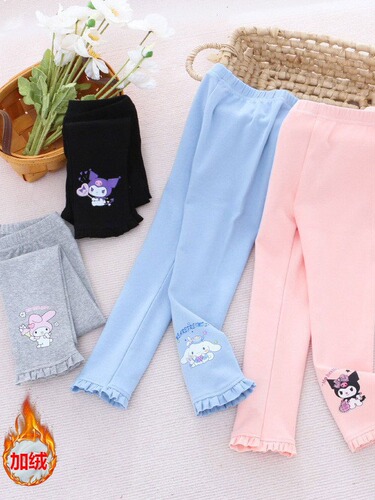 Children's Cotton Elastic Leggings 2024 Autumn/Winter Cartoon Fleece Lined Warm Outerwear Trendy Baby Pants