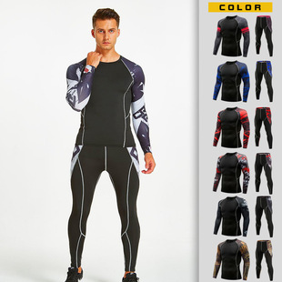 Fitness suit Men's Full Set Quick-Dry Basketball Printed Training Suit Tight Pants Running Travel Outdoor Fitness Suit