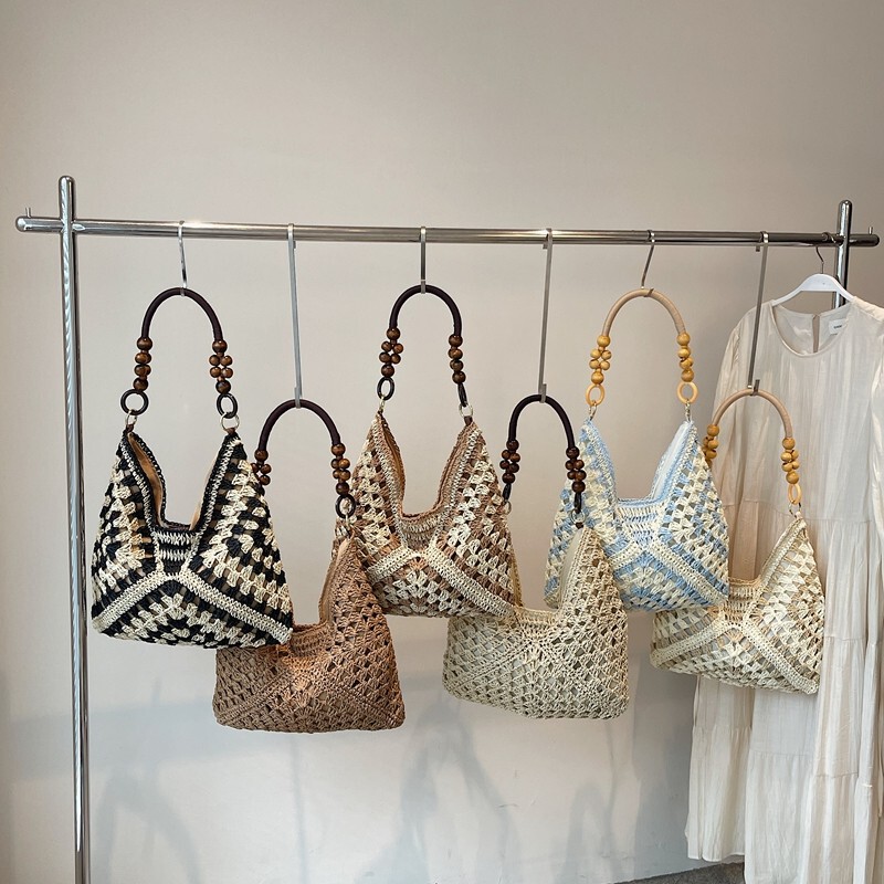 Woven Bag 2026 New Model High-Value Large-Capacity Bag for Women Fashionable Single-Shoulder Wooden Bead Straw Bag Casual Commuter Bag