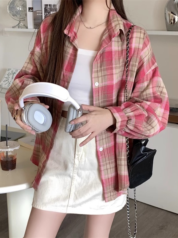 美式复古长袖格子衬衫外套女款2025新款夏款小众宽松衬衣外穿上衣|undefined
