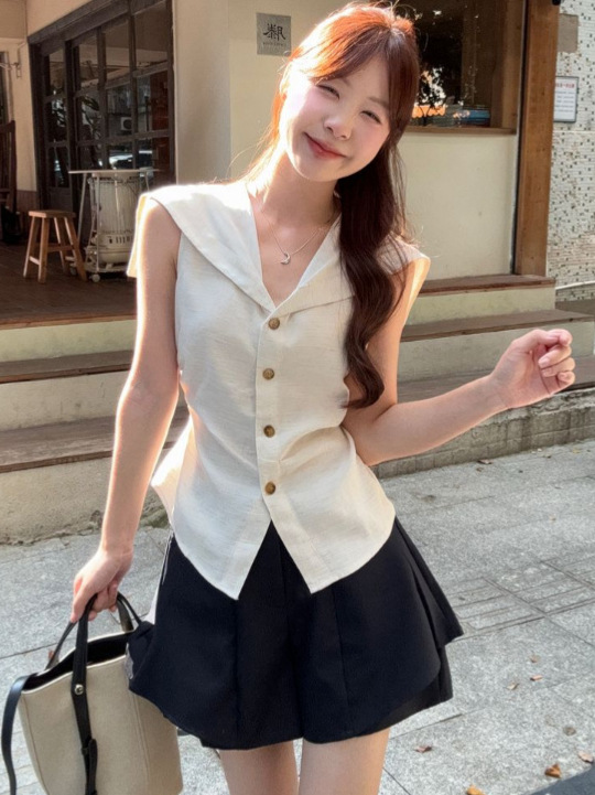 Cross-Border Sexy Pure Desire Tencel Linen Navy Collar Sleeveless Cardigan Stylish Shirt for Hot Girls Pure Desire Top for Women Summer