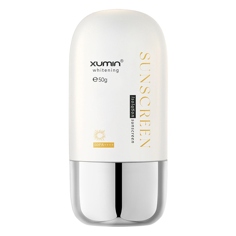 Nuevo Xumin embalaje cosméticos maquillaje frente leche manguera 50ml blanco protector solar crema botella brillante plata cubierta aislamiento crema botella