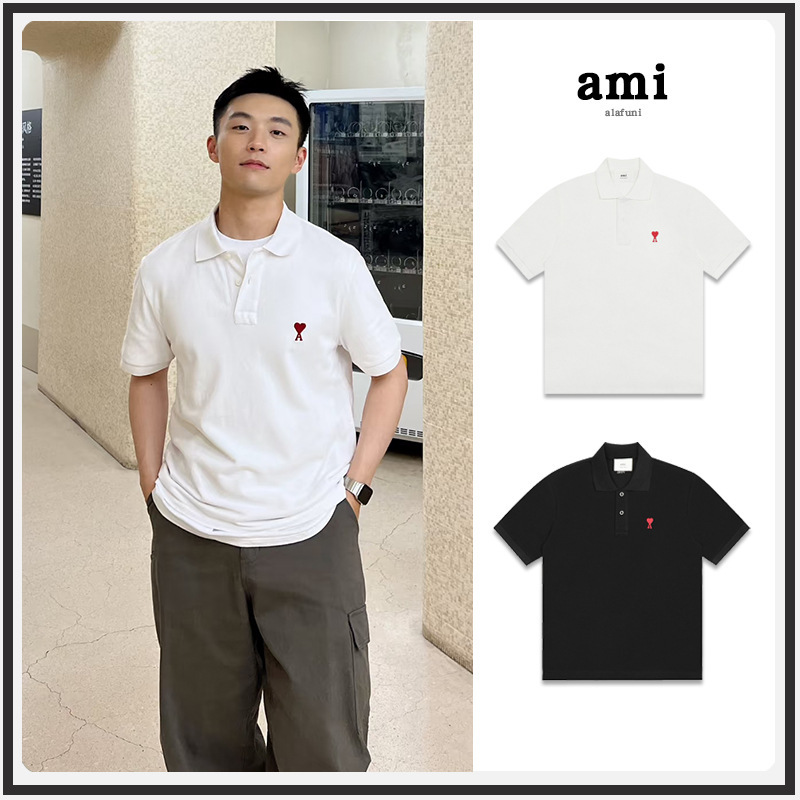 Ami Polo Shirt Short-Sleeved Summer Small Heart Embroidered T-Shirt for Men and Women Couples Pure Cotton Trendy Brand Loose Top Lapel