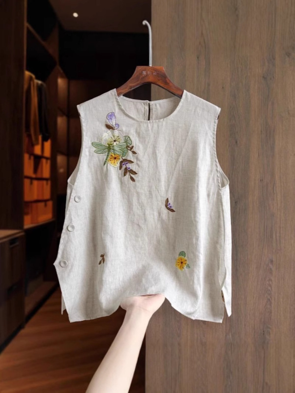 中国風の綿とリネンの女性用ベスト、夏の新しいスタイル、重厚な刺繍ボタンデザイン、ノースリーブトップ、人気のスタイル|undefined