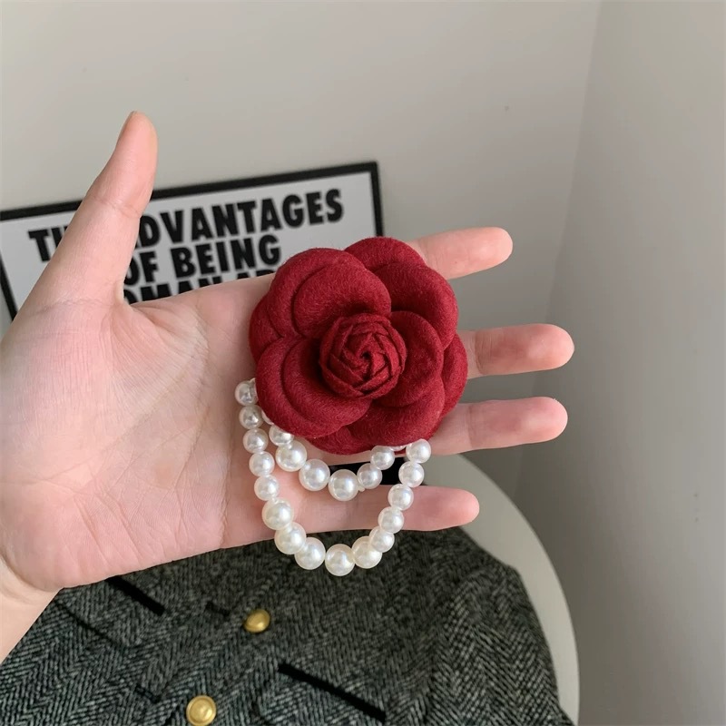7.5cm-felt camellia [burgundy] pearl chain