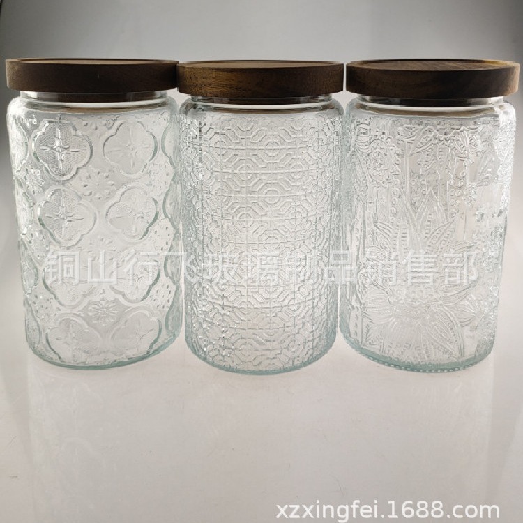 1000ml vintage Begonia en relieve botella de vidrio multi-grano tapa de bambú tarro de té tarro de almacenamiento de vidrio transparente tarro de caramelo