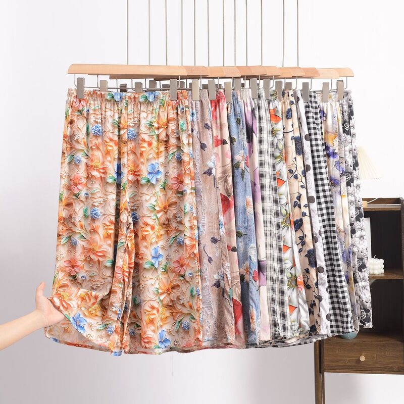 Fashion Cotton Silk Printed Plus-Size Capri Skirt Summer High-Waisted Slimming Versatile Wide-Leg Pants Lightweight Drape Casual Pants