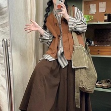 日系软妹森系简约马甲女学生秋复古半身裙休闲衬衫套装纯色裙套装