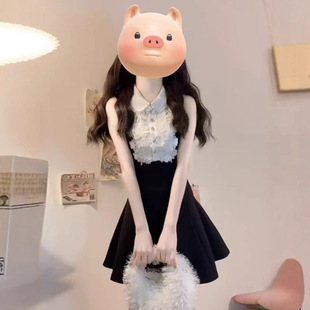 富家千金高級感黑色無袖背心連衣裙夏季蕾絲設計感收腰a字蓬蓬裙