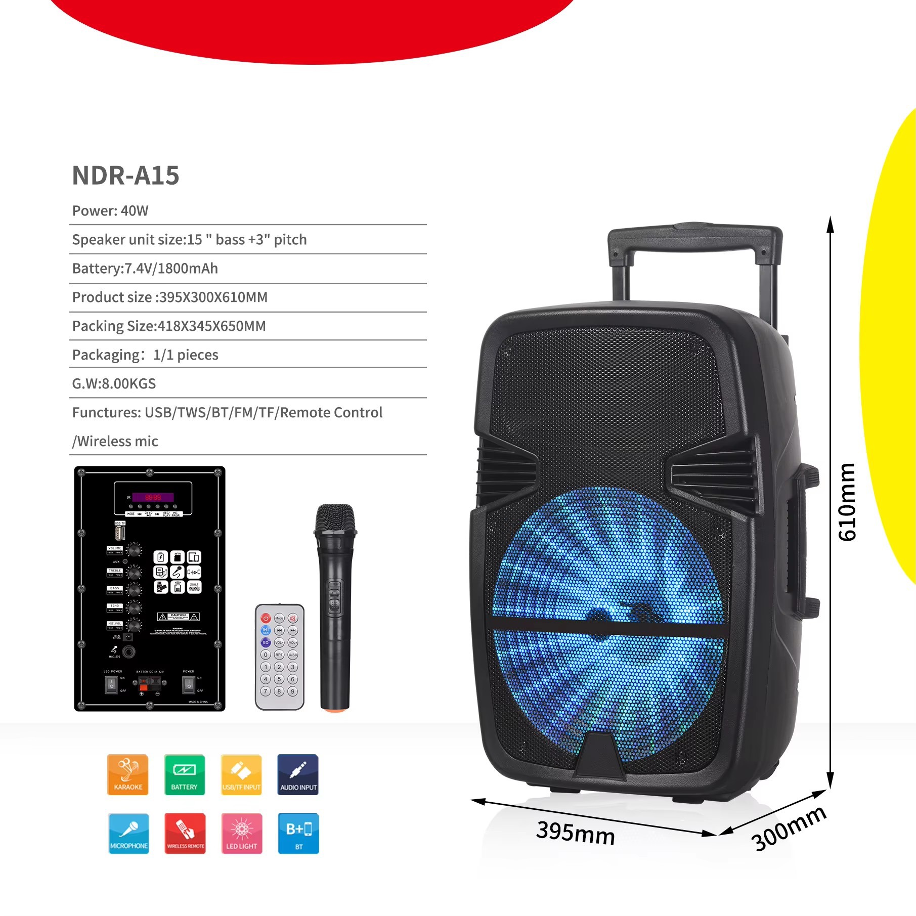 NDR-A15 barra de tracción transfronteriza altavoz Bluetooth 15 pulgadas altavoz de alta potencia de danza cuadrada sonido RGB