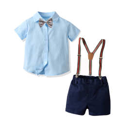 跨境蓝短袖衬衫宝蓝短裤绅士套装节日服领结背带儿童四件套童套装