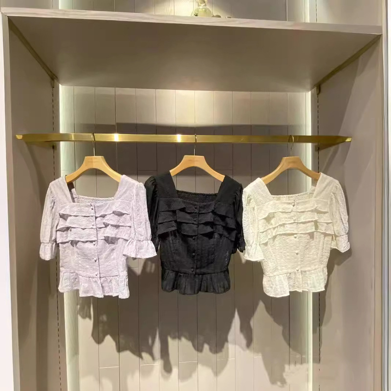 Japanese M Family 2024 Summer Cat West Japanese Sweet Mori Square Collar Bubble Sleeve Shirt 028HSZ30-0561