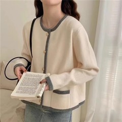 韩版减龄拼色毛衣外套女2025秋冬季慵懒风简约气质圆领针织开衫女
