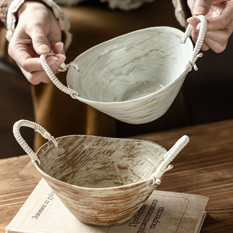Hacer viejos tacos de cerámica de doble oreja retro cuerdas trenzadas bolos de mangá platos de restaurante japonés ensalada bolos domésticos al por mayor