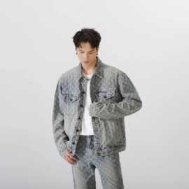 美式潮牌春秋季新款大码男装印花牛仔外套宽松夹克上衣服一件代发