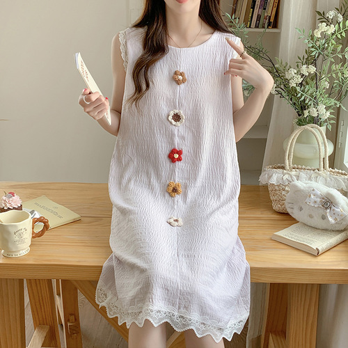 Summer Sleeveless Round Neck Nightdress with Fixed Bra Pads Handmade 3D Crochet Solid Color Cloud Cotton Camisole Dress in Multiple Colors