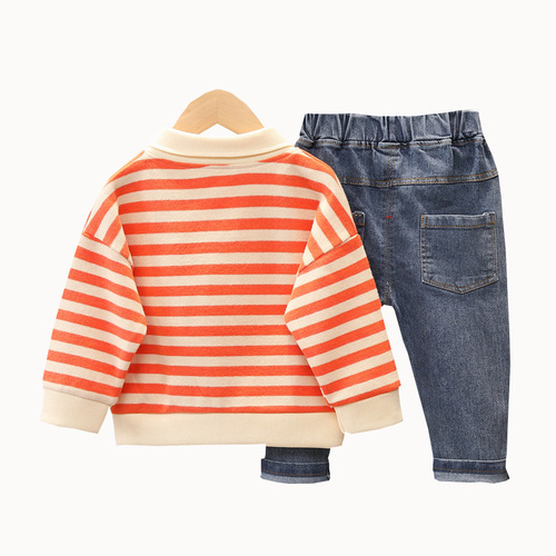  Autumn New Children's Lapel POLO Shirt Long Sleeve Striped T-Shirt Girls' Trousers Two-piece Set One Piece Dropshipping