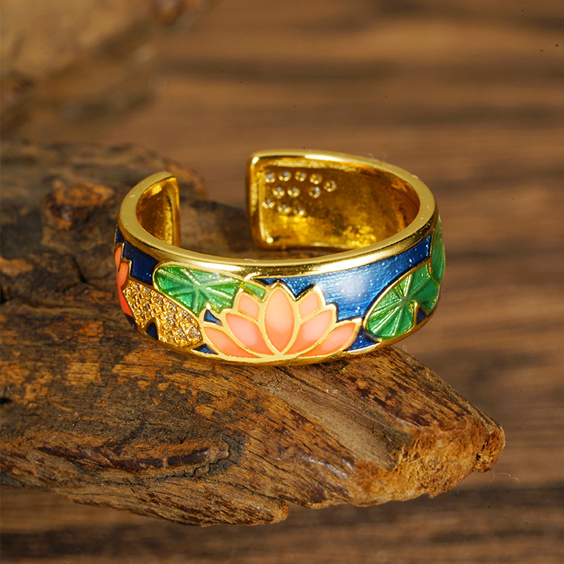 Anillo de abertura de esmalte de oro de arena vietnamita nicho femenino de alto nivel de lujo ligero estilo chino retro accesorios Yiwu