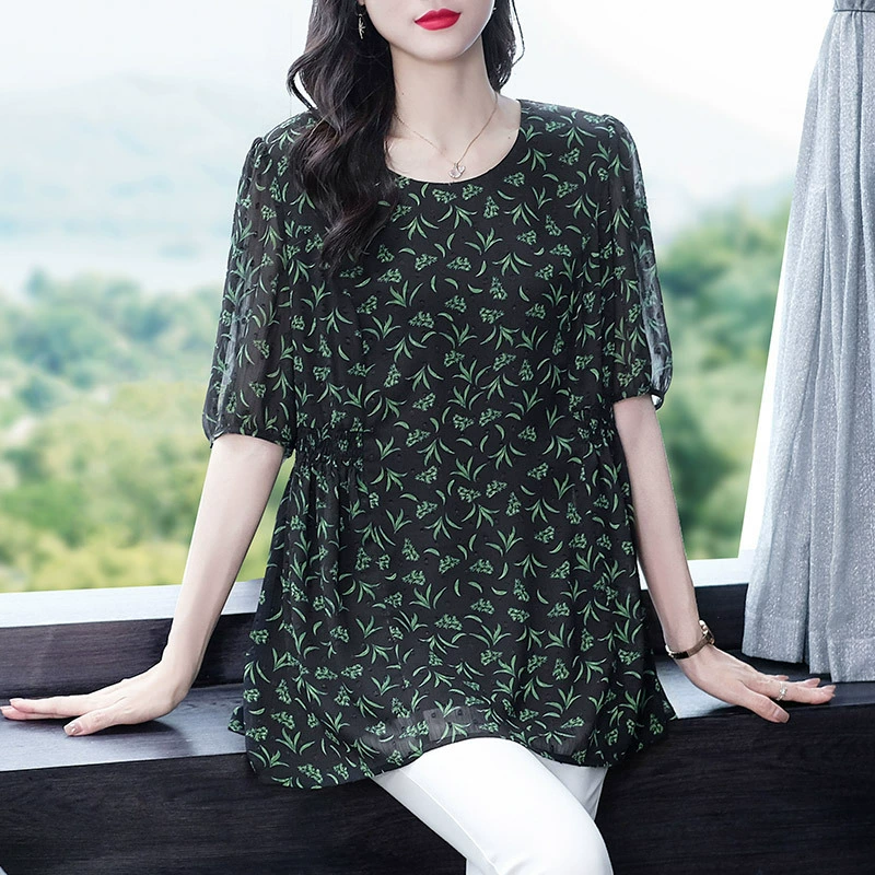 Летняя шифоновая рубашка больших размеров с цветочным принтом для молодой мамы, облегающая Освежающая шифоновая рубашка с короткими рукавами, топ, Толстая Женская одежда среднего и пожилого возраста