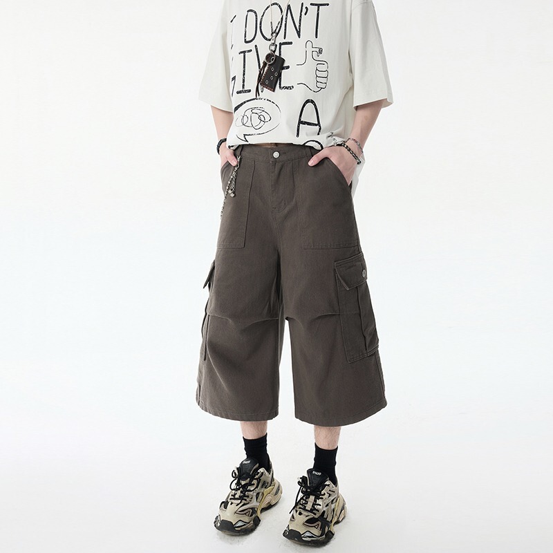 Summer Thin American-Style Cropped Jeans for Women, Six-Point Cropped Pants, 7-Point Elastic Waist, Coffee-Colored Cargo Pants, Cool and Sassy Style