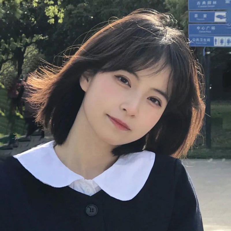 假发女黑棕色短发空气刘海bobo仿真少女圆脸波波头全头套式|undefined
