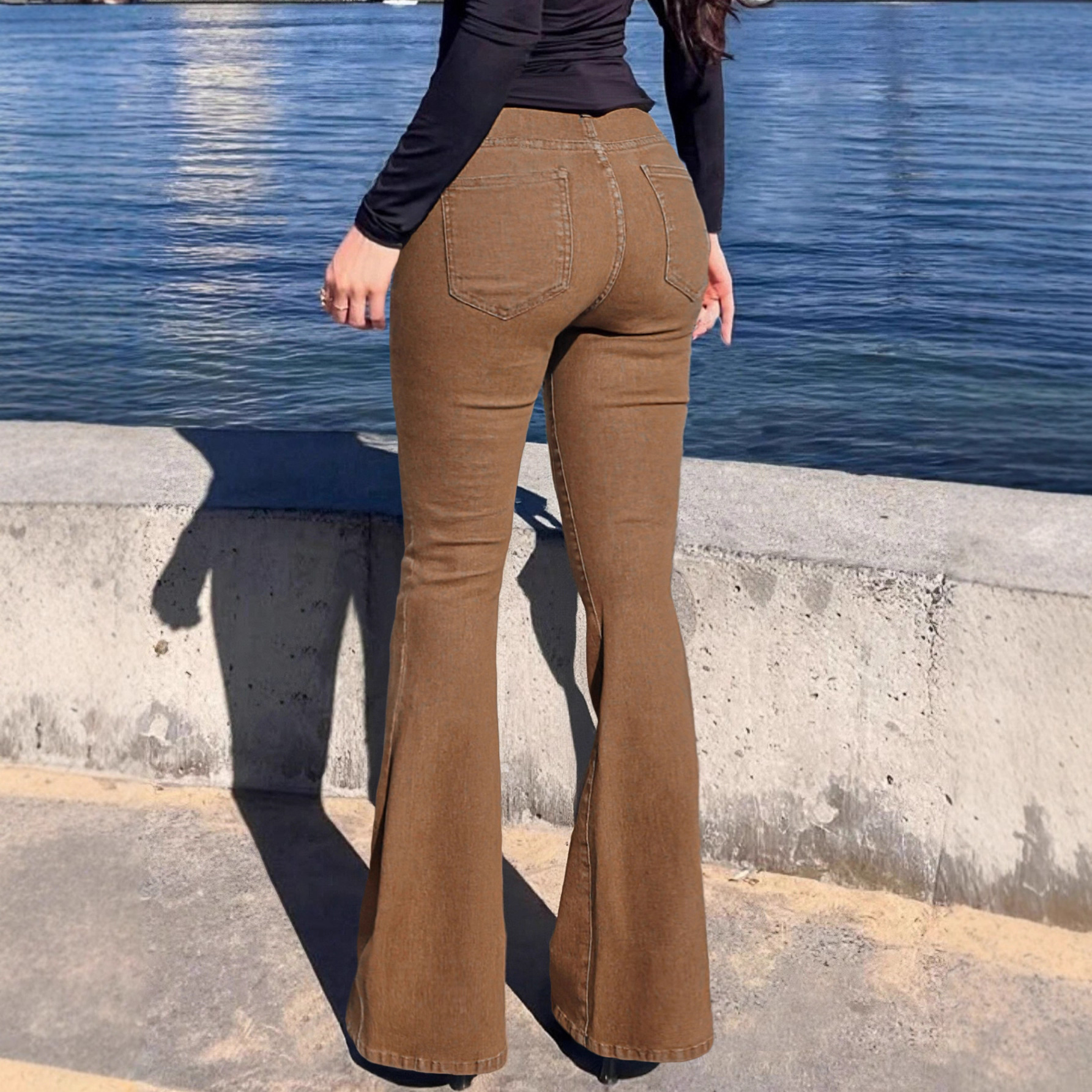Women's Clothing Brown Flared Denim Jeans For Women, Autumn Slim Fit, Low Waist, Retro Casual Trousers_mkmklike.com