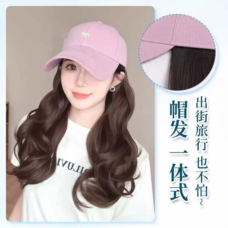 假发帽子一体女款夏天时尚小狐狸羊毛卷棒球帽子带假头发女全头套