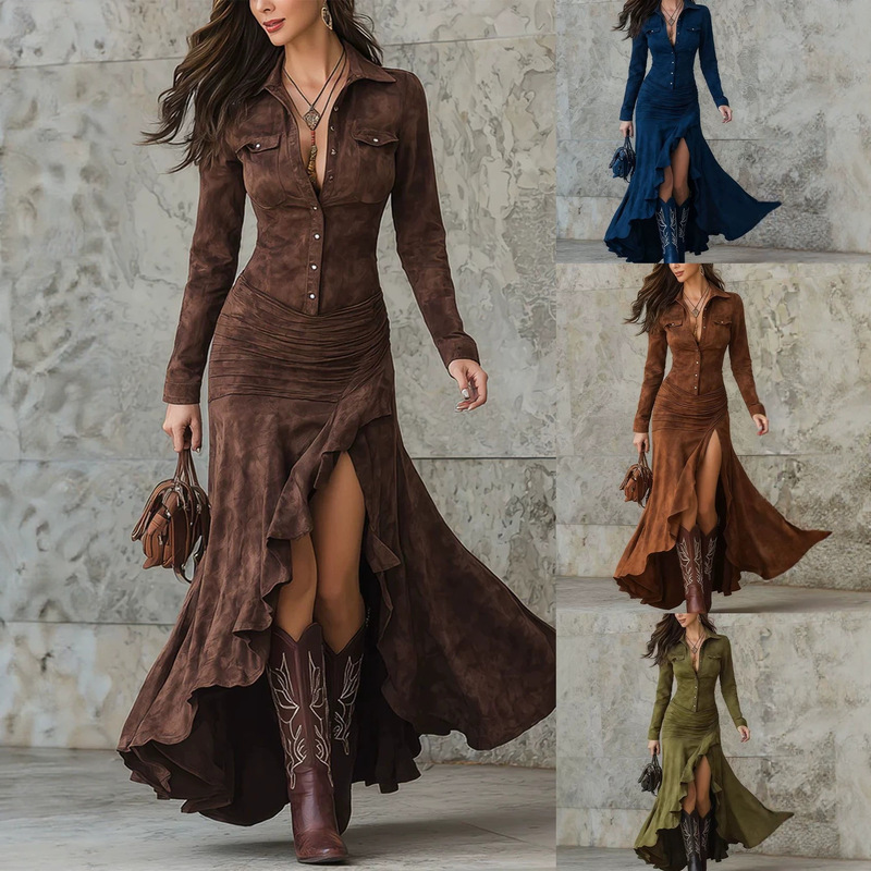 2026 Autumn/Winter Hot-Selling European and American Cross-Border Slim Fit Stand Collar Slit Long Suede Dress for Amazon Independent Stores 2026 Autumn/Winter Hot-Selling European and American Cross-Border Slim Fit Stand Collar Slit Long Suede Dress for Amazon Independent Stores