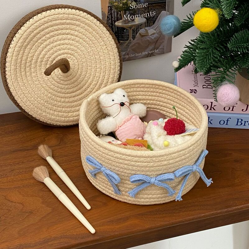 かわいいリボン付き*ins風綿糸編み収納バスケット 家庭用デスクトップ雑貨・お菓子収納バスケット 蓋付き収納バスケット|undefined
