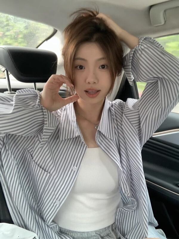 大码2025春秋新款韩系ins复古设计感宽松百搭显瘦长袖条纹衬衫女|undefined