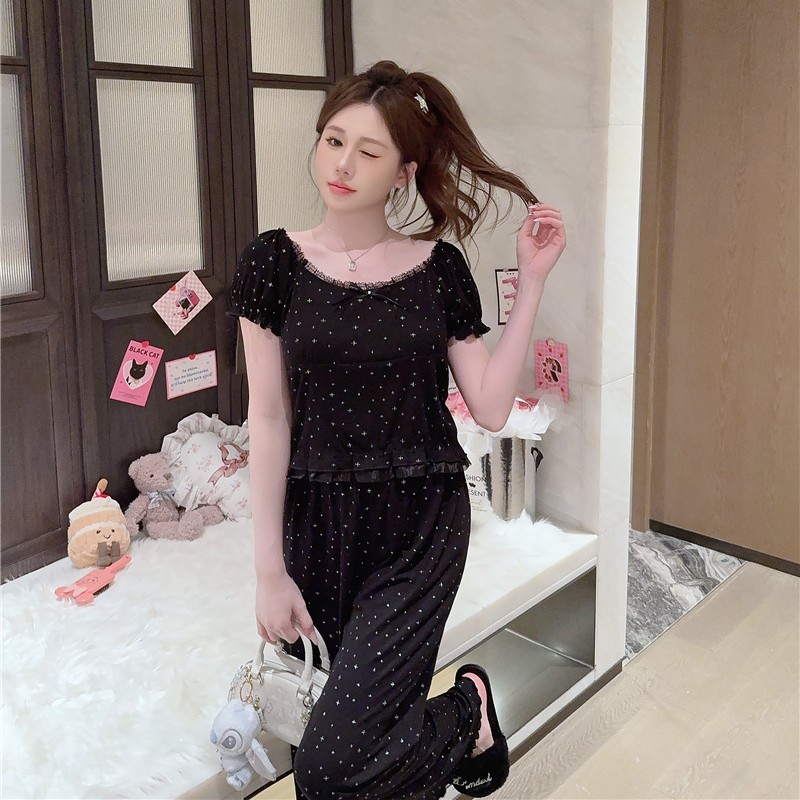 Pajamas Women's New Spring and Summer Modale Cotton Shiny Comfortable Sexy Elegant Short-sleeved Trousers suit Home Clothes Breast Cotton