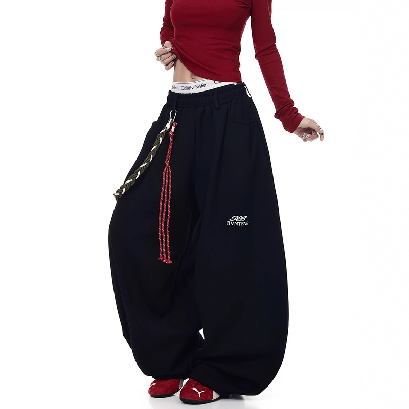 Vintage Design Wide-Leg Sweatpants for Women Versatile Casual Jazz Street Dance Loose Casual Scimitar Pants with Accessories