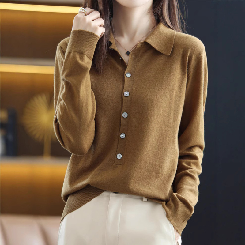 Fine Knit Thin Long-Sleeved Sweater, Fashionable Base Knit Top, Shirt Collar, 100% Pure Wool Cardigan, Women's Shirt