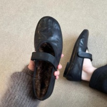 羊皮版~2025秋冬新真皮复古玛丽珍鞋女毛毛平底魔术贴软底加绒鞋