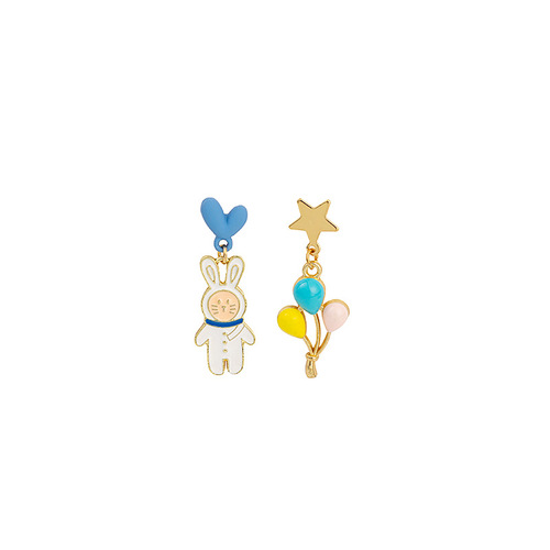Silver Needle Asymmetrical Cartoon Balloon Bear Earrings Cute Rainbow Rabbit Cat Cake Daisy Angel Earrings