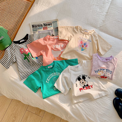 Korean children's striped versatile striped short-sleeved children's clothing classic cartoon cotton printed T-shirt letters loose cotton inner T