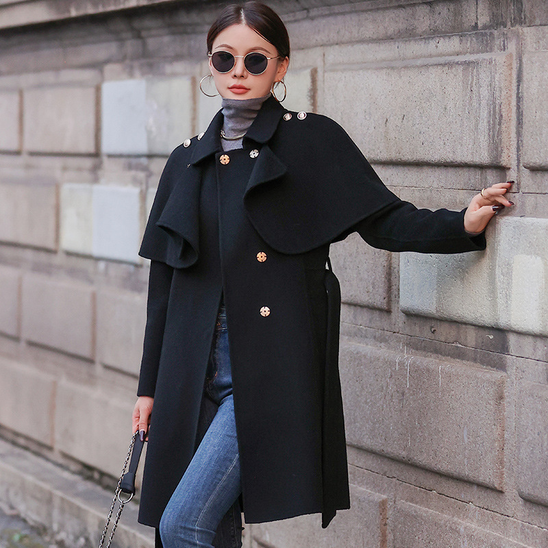 New Women's Cape Wool Trench Coat Long Casual Woolen Button
