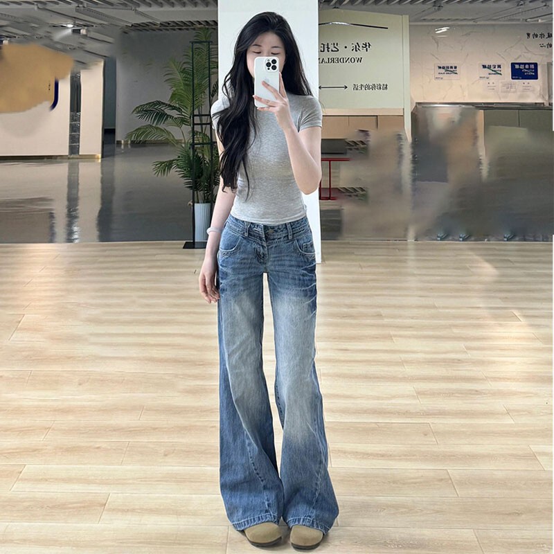 美式复古微喇牛仔裤女2025秋季新款低腰辣妹高街显瘦不贴腿拖地裤|undefined