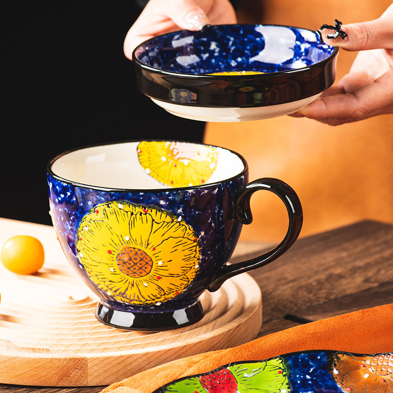 Hand-Painted Ceramic Breakfast Cup Set With Spoon (510ml) - 4 Vintage Floral Designs, Includes Nut Dish & Spoon_voghion.com
